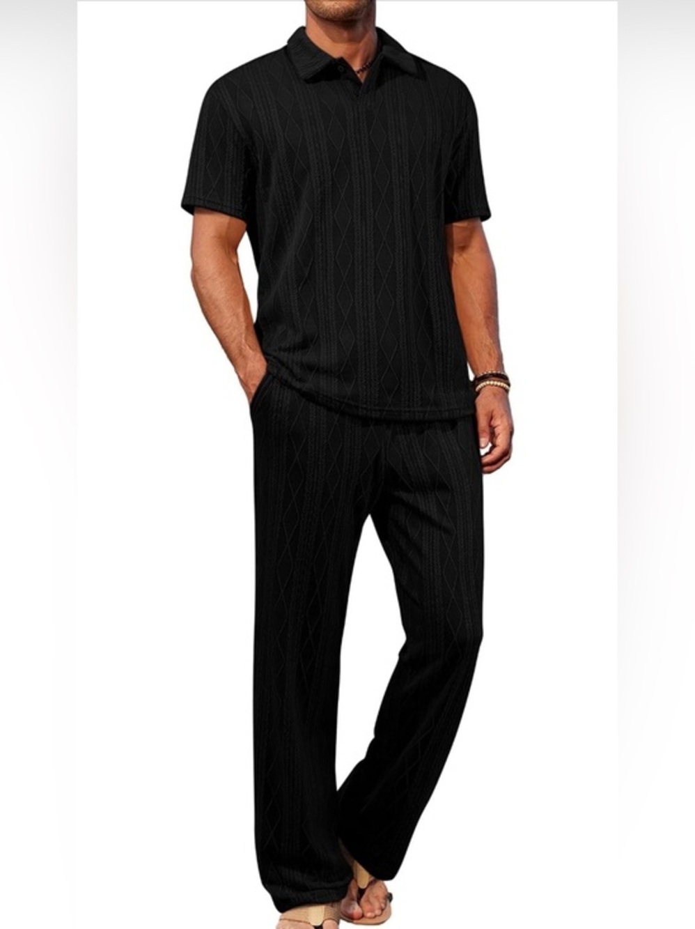 Jmierr Black Textured Men’s 2 Piece Set Button Shirt Loose Pants Size XL